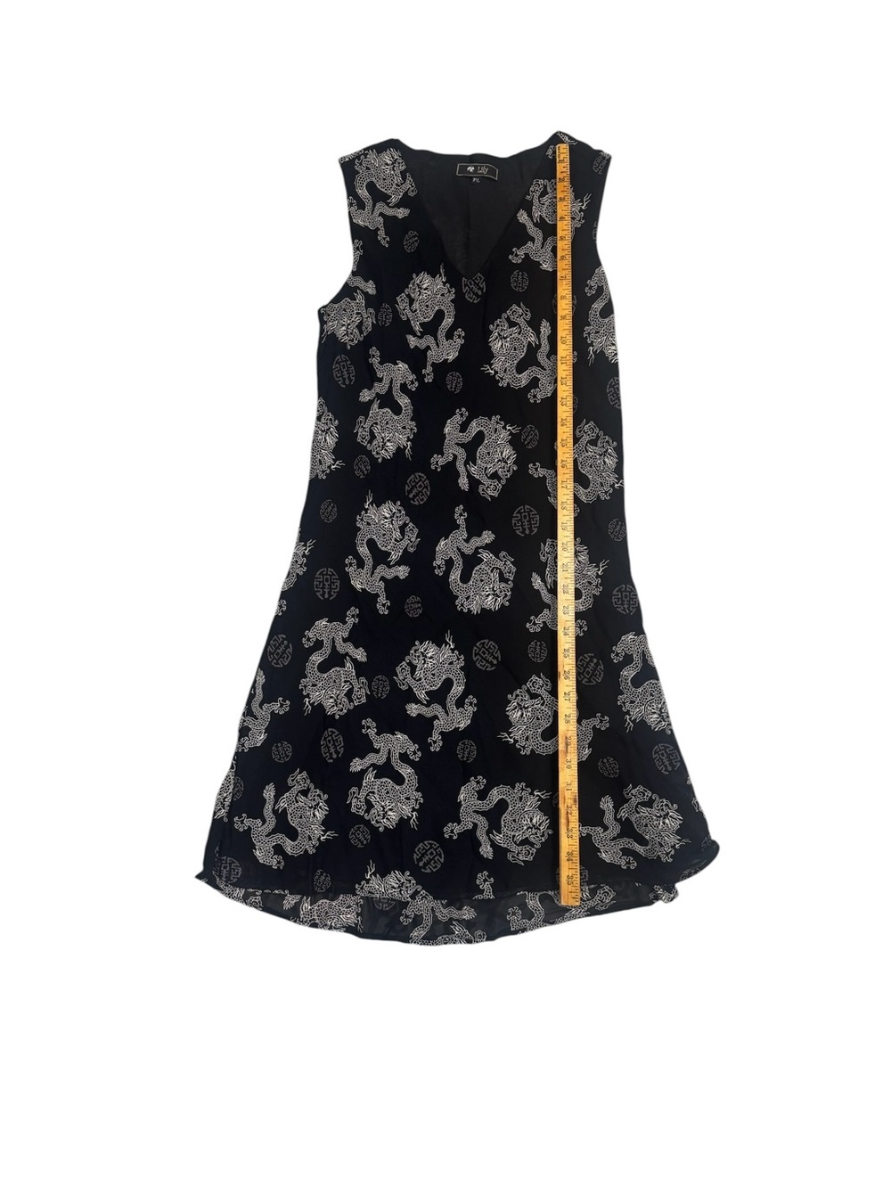 Lily Black Dragon Print Sleeveless Shift Dress V-Neck Sheer Overlay Size P/L View 4